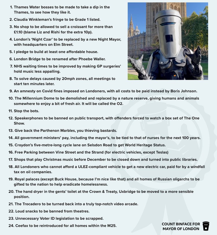 Haven't voted yet, but ohhhhh, I'm so tempted to vote for Count Binface.

Look at Bin's magnificent manifesto!
#BinDayisComing #LocalElections