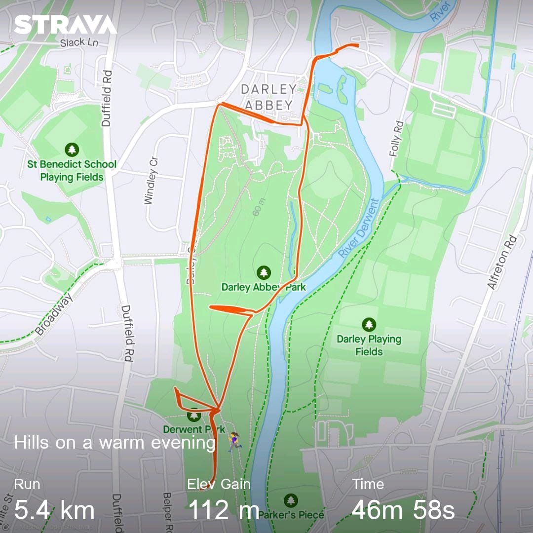 Good hills session tonight on a very pleasant warm evening in Darley Park 🏃‍♀️🌞 Felt quite a bit easier than last week - definitely less jelly in the legs! Not a fan of the very literally named “big grassy bank” 😮‍💨 #NHS1000miles @UKRunChat