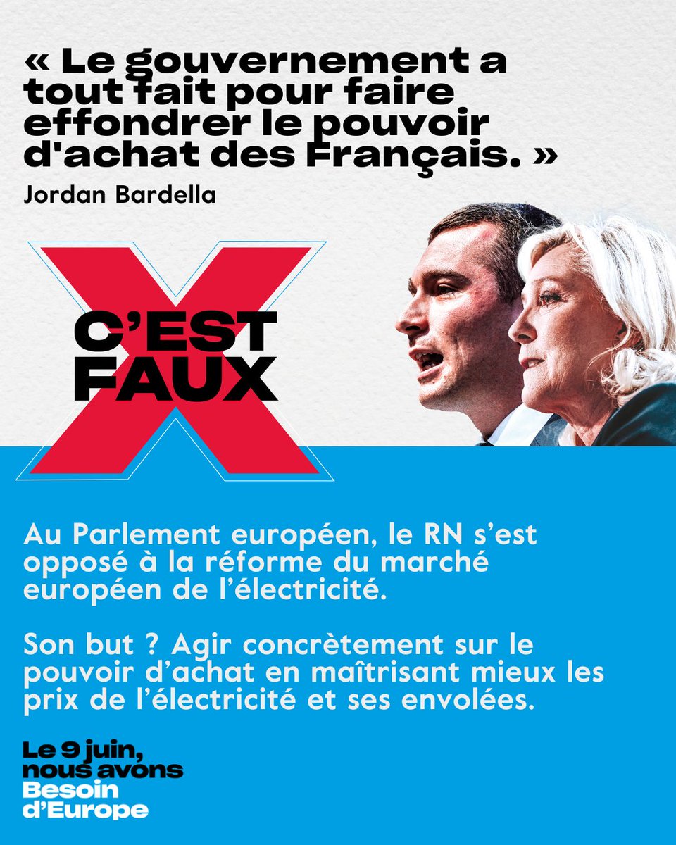 ❌ Premier mensonge de @J_Bardella : le RN s'est opposé à la réforme du marché européen de l'électricité. Nous sommes les seuls à nous battre concrètement pour le pouvoir d'achat des Français. #debatBFMTV