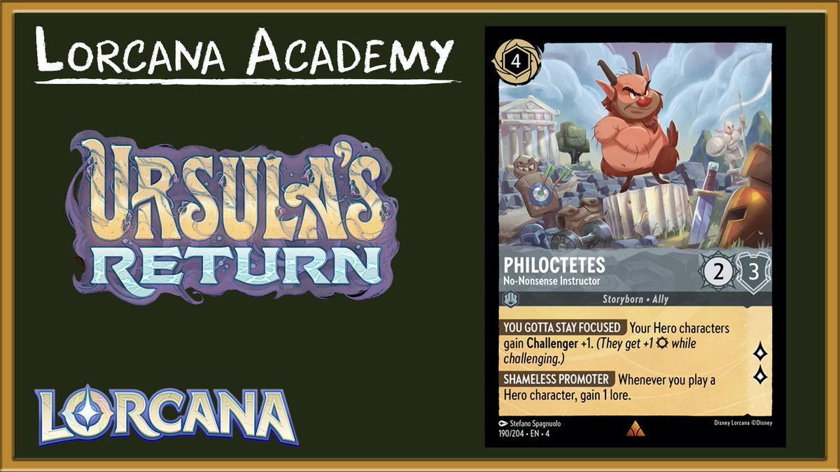 New @DisneyLorcana card preview🎉 Behold PHILOCTETES! He is an exciting new combo card with Arthur, Wizard's Apprentice, and heavy hitter in Steel Songs. This No-Nonsense Instructor is a great addition to Lorcana Academy faculty! 👨‍🏫 #UrsulasReturn #DisneyLorcana