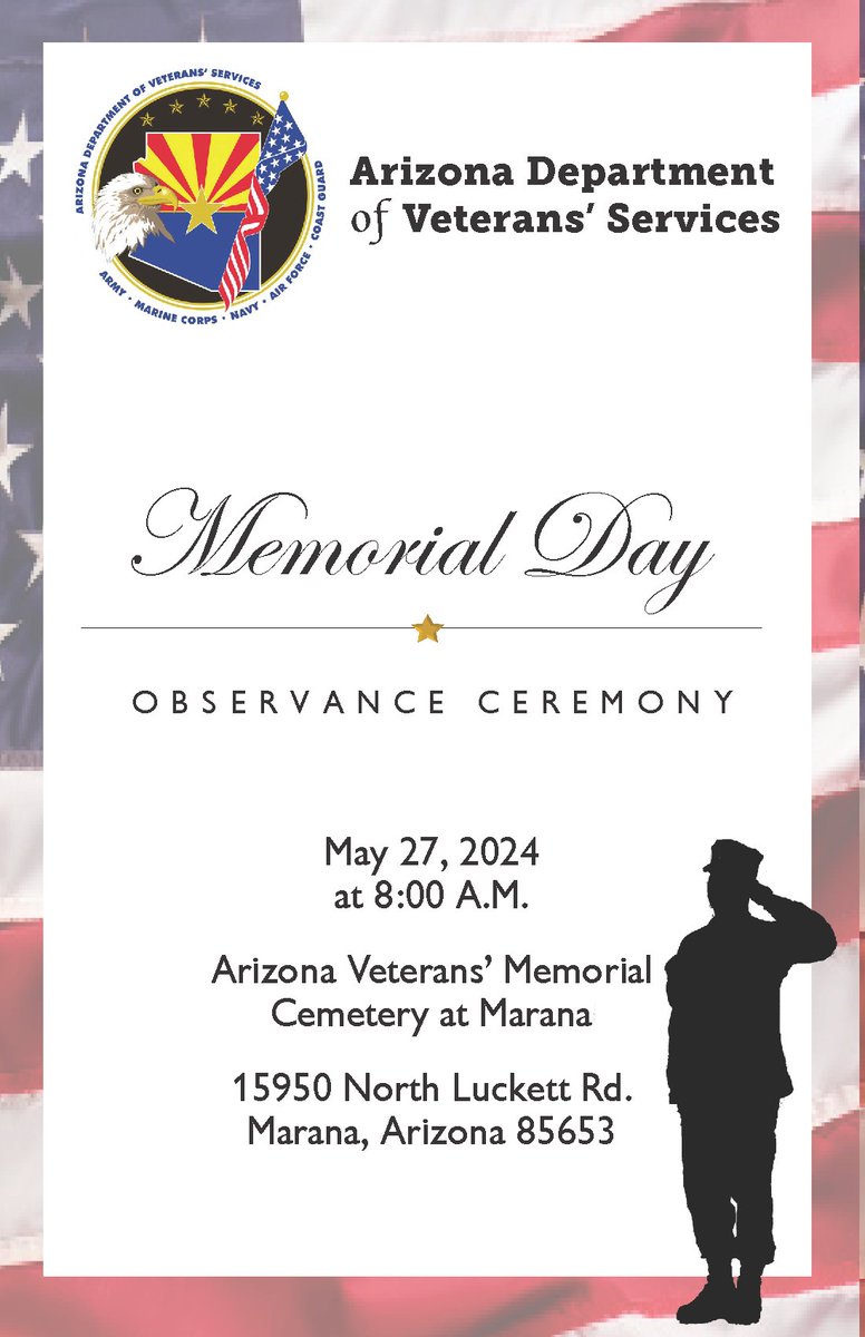 Join @AZVETS at Arizona Veterans' Memorial Cemetery at #Marana for our #MemorialDay ceremony to remember and honor those who made the ultimate sacrifice. #AZVets #Veterans #Tucson
