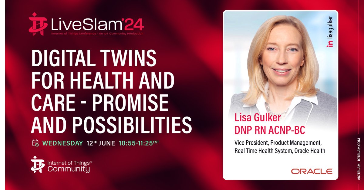 The #IoTCommunity is thrilled to announce this IoT Slam Live 2024 Headline Keynote presented by Lisa Gulker, Senior Director of Health System at @OracleHealth. Join us June 12th-13, LIVE from @SASsoftware HQ Cary NC & via LinkedIn Live. iotslam.com/session/digita… #IoTSlam #IoT