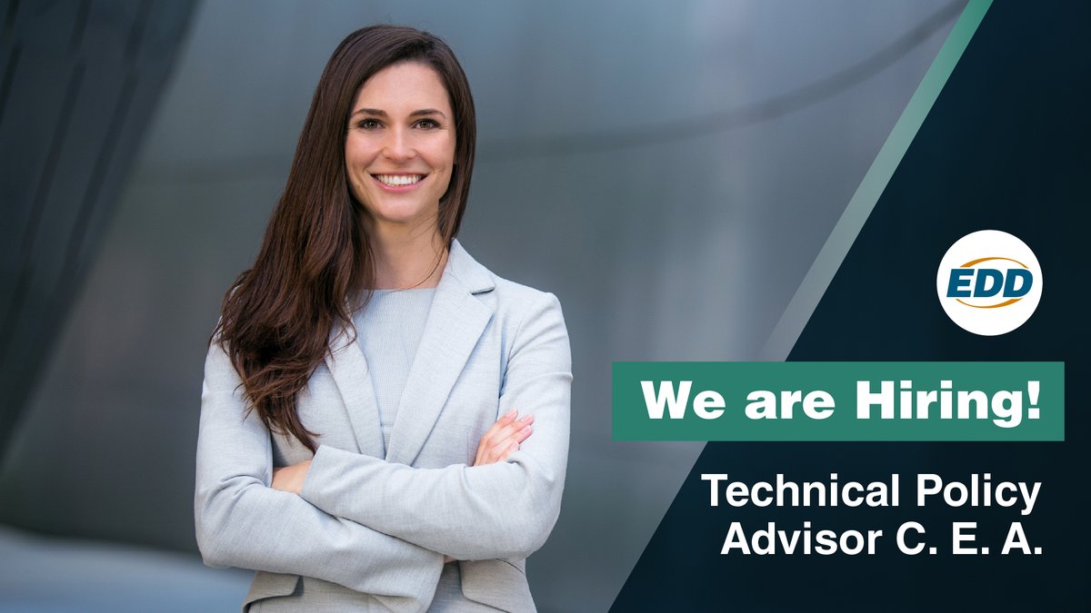 We're hiring for an important executive position! Join us and support the success of the EDD modernization process as a Technical Policy Advisor!

Ready to make a difference for California? Apply by May 12! 👇

Learn more: Calcareers.ca.gov/CalHrPublic/Jo…

#CAJobs #Hiring #Eddlife
