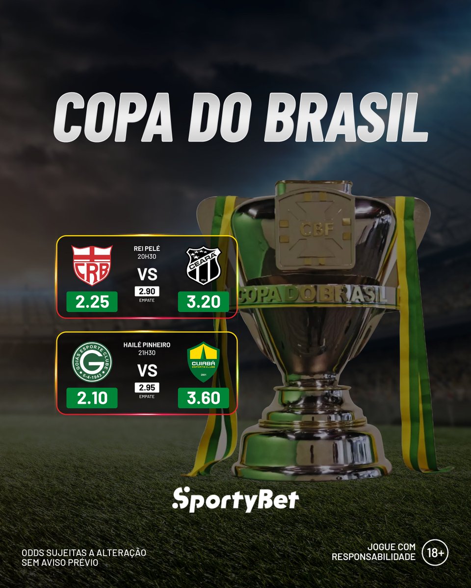 Daqui a pouco tem Copa do Brasil !!! Prepare suas apostas para a noite de jogaços 🚀🚀🚀

Quem sai na frente nos jogos de ida? Acesse 🔗 sportybet.com/br e dê o seu melhor palpite 😎

#CopaDoBrasil #SportyBetBr