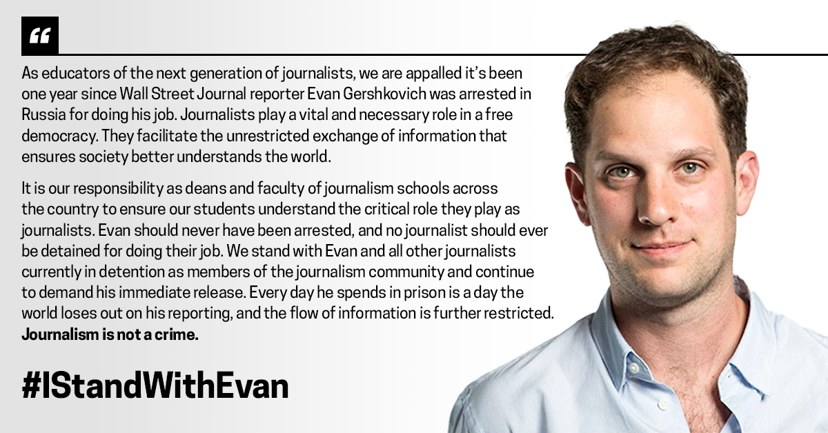 A free press is crucial to democracy. Today, we are thinking of Evan Gershkovich, the WSJ reporter who has been wrongfully detained by the Russian government for over one year. His arrest is an attack on journalists around the world. #IStandWithEvan