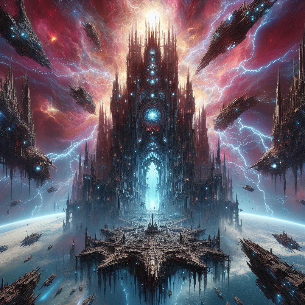 I attempted some AI images based on the script directions for Robert Holmes' Mysterious Planet Paraphrasing - a graveyard in space of destroyed spaceships amidst electrical storms - with an imposing almost cathedral-like space station at the centre of it all.