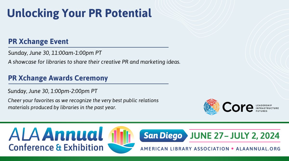 #ALAAC24 🌟 Swing by the PR Xchange Event to view and grab free copies of top library PR materials! 🏆 And stay for the PR Xchange Award Ceremony to celebrate this year's best in library public relations. Lock in advance rates & Register Today! bit.ly/ALAAC24-Regist…