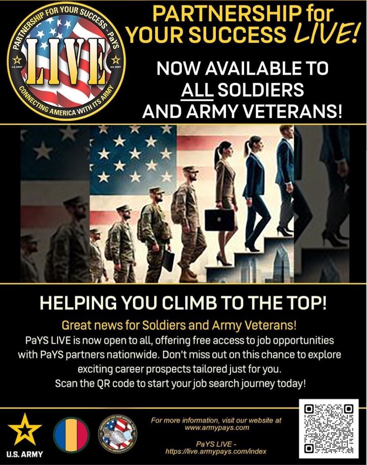 📣 Attention Soldiers and Army Veterans! The U.S. Army Partnership for Your Success (PaYS) Program LIVE is now accessible to all of you! Find your next career opportunity with ease through our nationwide job search app. Get exclusive access to job vacancies with PaYS partners.