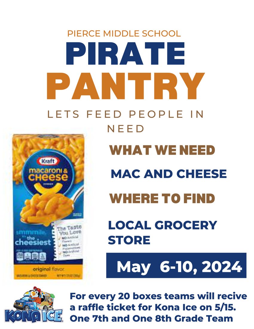 CPMS Student Council is hosting an annual Mac & Cheese drive (any brand will do). Donations are sent 2 the NWI Food Bank. Donation boxes will be located in team pods 5.6 - 5.10. For every 20 boxes of Mac n Cheese donated, teams receive a ticket 2 win Kona Ice on 5.15.