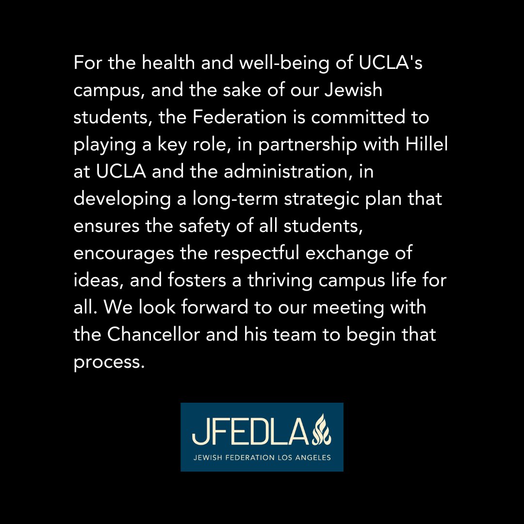 Please see our statement about the removal of the illegal encampments at @UCLA. We support UCLA’s administration for taking this vital step to restoring order and look forward to continuing the conversation with @UCLAchancellor on protecting Jewish students and faculty.