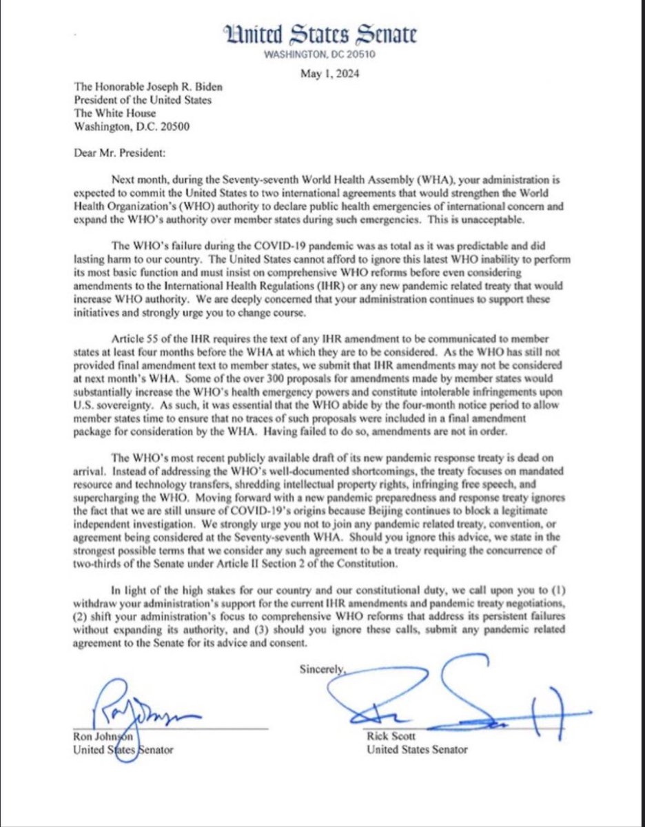 We are literally weeks away from the WHO taking away our sovereignty under the guise of “healthcare”. Please see the letter that Sen. Ron Johnson wrote below. This is extremely important!!! 👇🏼👇🏼