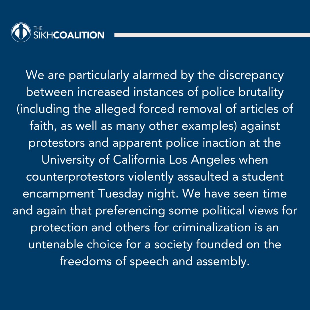 Support for the right to peaceful protest, opposition to police brutality, and abhorrence of hate speech and dangerous rhetoric are not mutually exclusive. Read our statement on recent college protests here. thesikh.co/3JItFdd