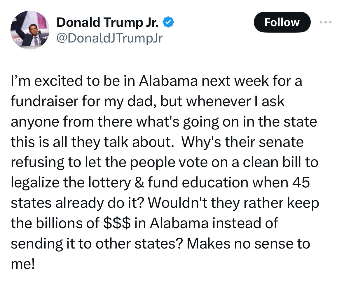 Well now they've done it! Alabama Senate Republicans have upset Jr Trump. Tough times.
