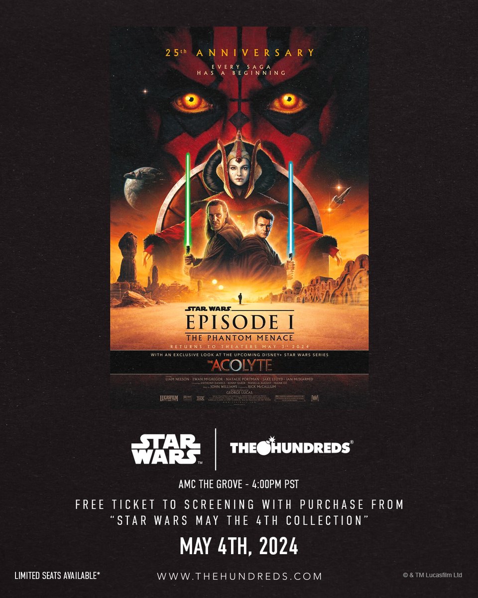 ONE DAY ONLY :: Celebrate May the 4th with your The Hundreds fam with a Star Wars Episode 1: The Phantom Menace private screening at The Grove. Get a free ticket to the screening with a purchase from STAR WARS™ | The Hundreds May the 4th Collection, first come first serve.…