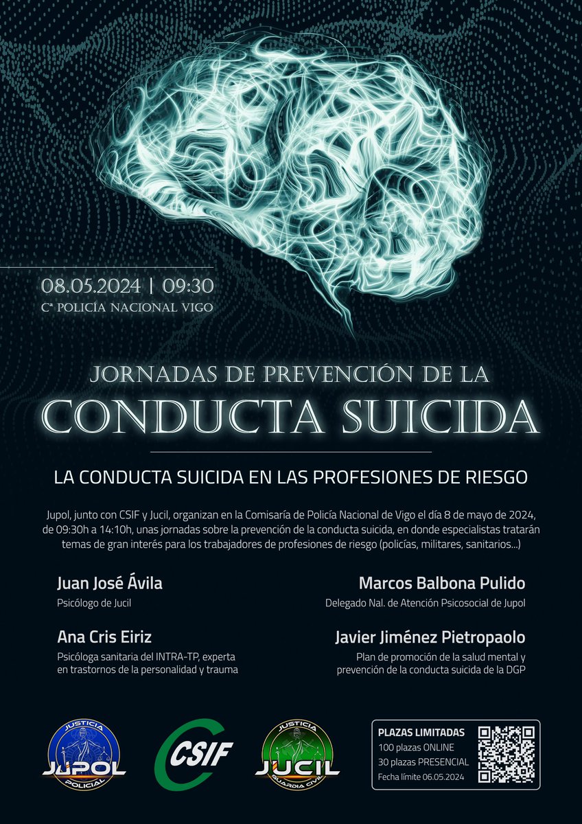 JORNADAS DE PREVENCIÓN DE LA
CONDUCTA SUICIDA

#VIGO próximo miércoles 8 de mayo

LA CONDUCTA SUICIDA EN LAS PROFESIONES DE RIESGO

✍️Inscripciones: form.jotform.com/jupolnacional/…

ℹ️Más Info en imagen adjunta

JUPOL #EquiparacionYa y mucho más.