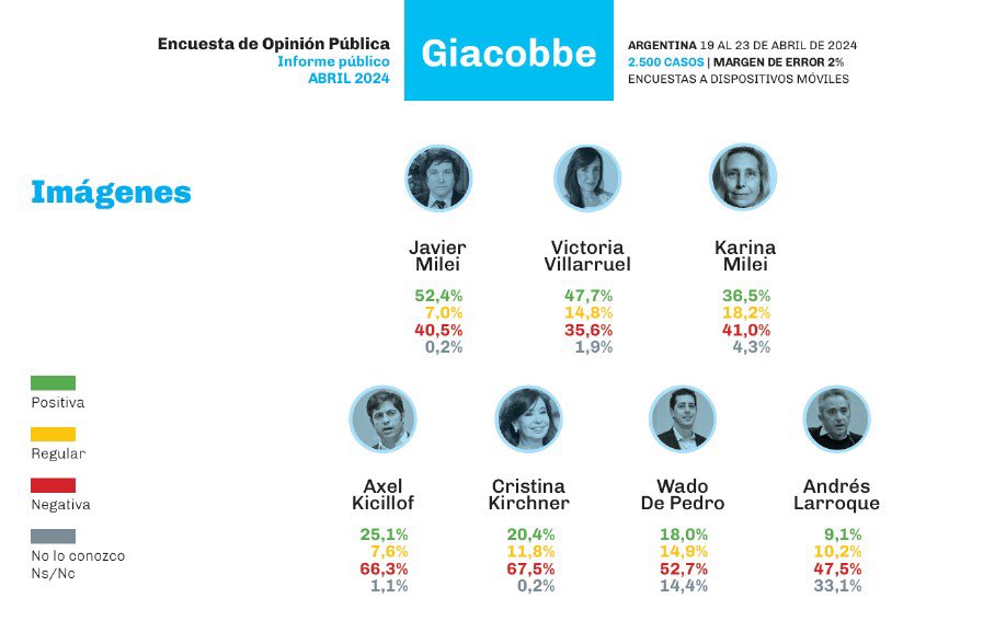 ATENTOS. ‼️

Segun la encuesta de Giacobbe el presidente @JMilei es el de mejor imagen política del país. 

Fin.
