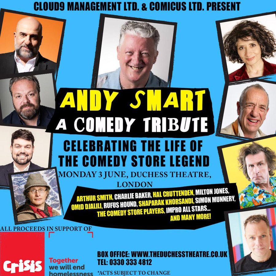 Andy Smart: A Comedy Tribute 3rd June 2024 Duchess Theatre, London Let's sell it out! Starring @ShappiKhorsandi @omid9 @themiltonjones and so many more. In support of @crisis_uk Tix theduchesstheatre.co.uk/tickets/a-come…