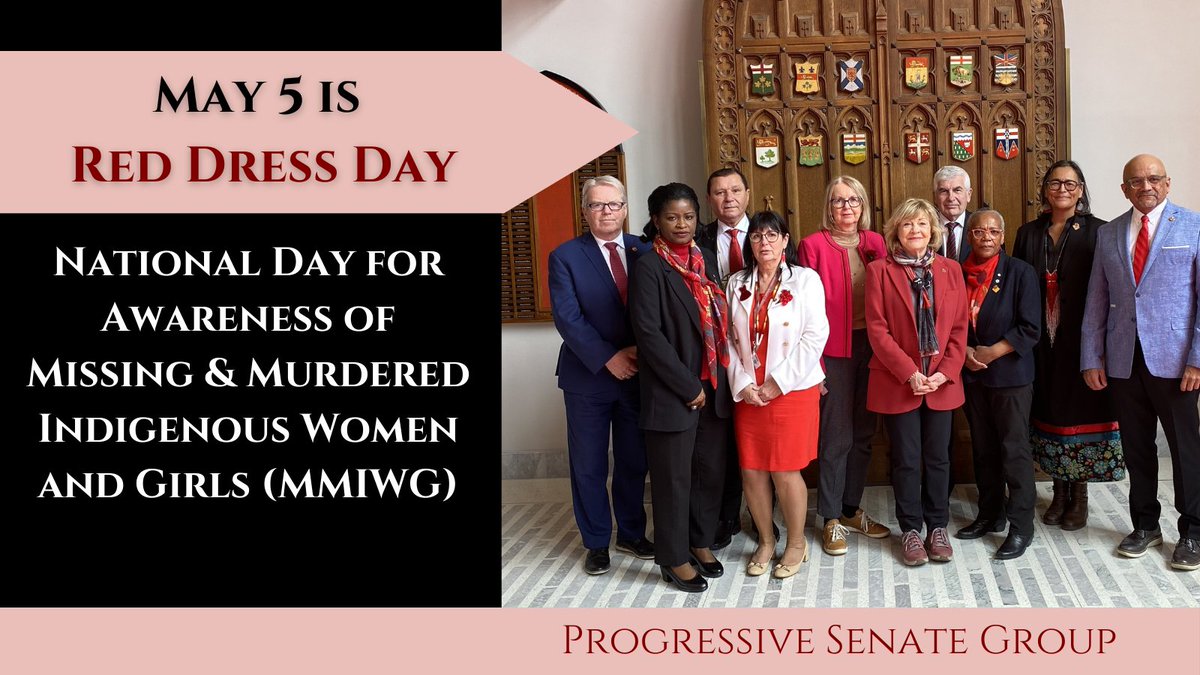 Progressive senators wore red today in honour of the upcoming Red Dress Day, the National Day for Awareness of Missing & Murdered Indigenous Women and Girls, which takes place on May 5 #SenCA #cdnpoli #RedDressDay