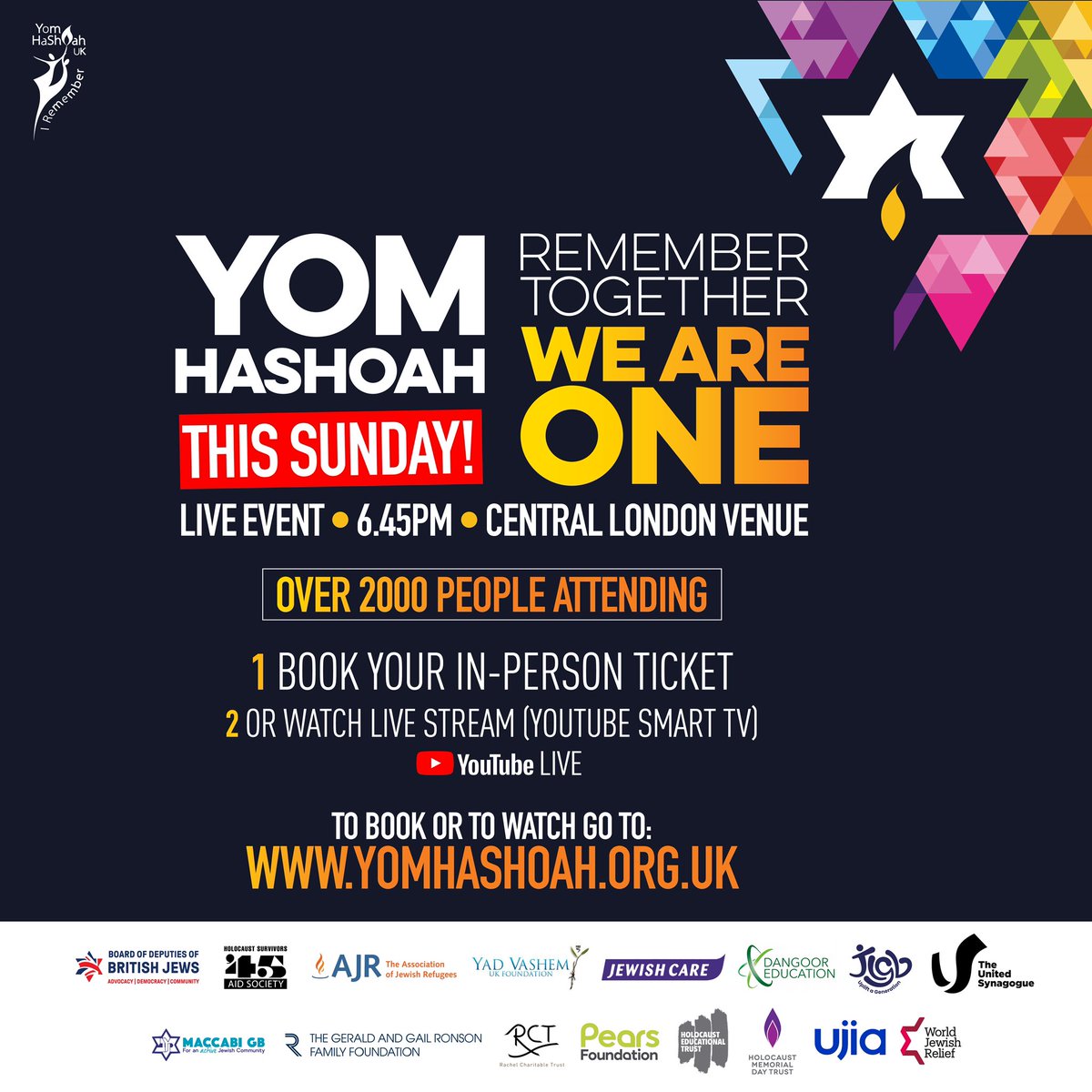 This Sunday, 2,000 people booked to attend, are you? Book tickets now or visit for LIVE stream info at yomhashoah.org.uk