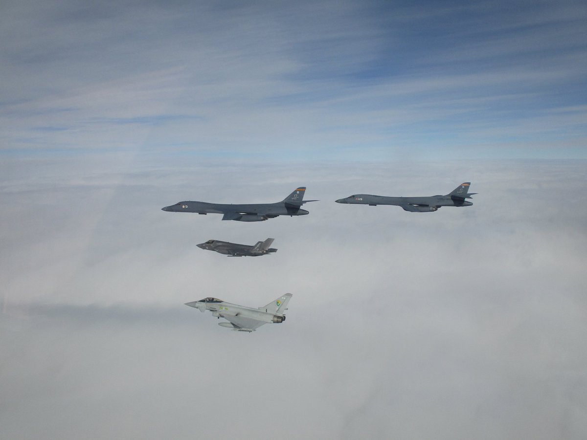 #RAF Typhoon participates in a training sortie with F-35 and #USAF B-1B Lancer bomber back in March 2023. (📸 MOD UK) #militaryaviation