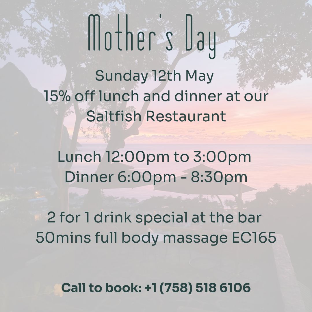 Treat Mom to a Blissful Mother's Day at Green Fig Resort!

Limited spaces so book early to guarantee your preferred time. 

Open to residents and non-residents. 

#TravelSaintLucia #LetHerInspireYou #caribbean #caribbeantravel #greenfigresort #makingmemories #pitons #SaintLucia