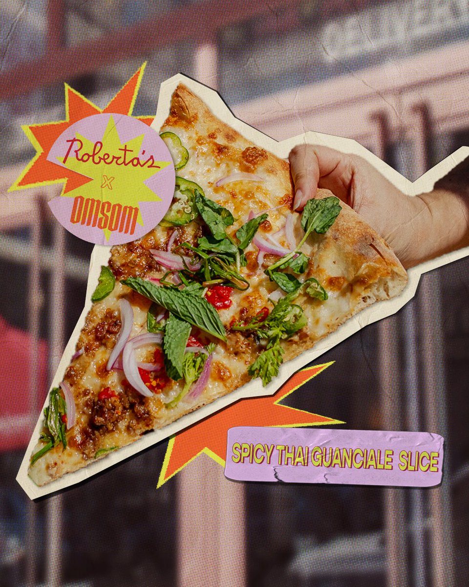 🚨 Meet the Omsom x @RobertasPizza slice of ya dreams — SPICY THAI GUANCIALE 🍕 Did you know we’re neighbors? (@omsom HQ overlooks their garden 👀) This hot 'n spicy slice has marinated guanciale + tons of fresh herbs — available at the Bushwick slice shop ALL MONTH LONG!