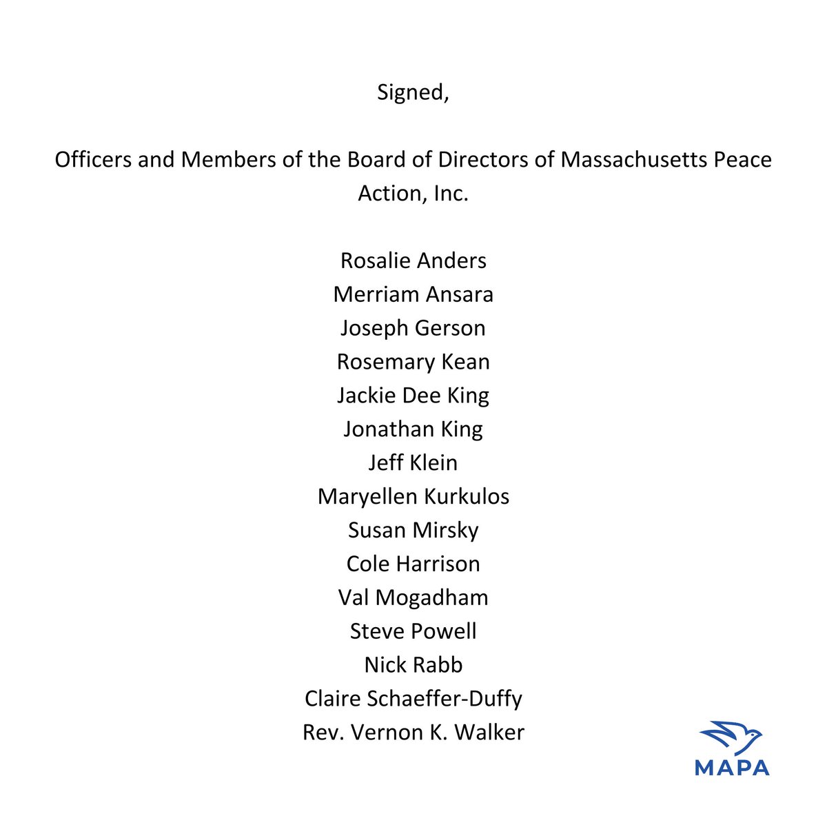 On April 30th, 2024, Officers and Members of the Board of Directors of Massachusetts Peace Action sent this letter to university presidents and administrators at MIT, Northeastern, Harvard, UMass Amherst, Smith, Emerson, and Tufts.
