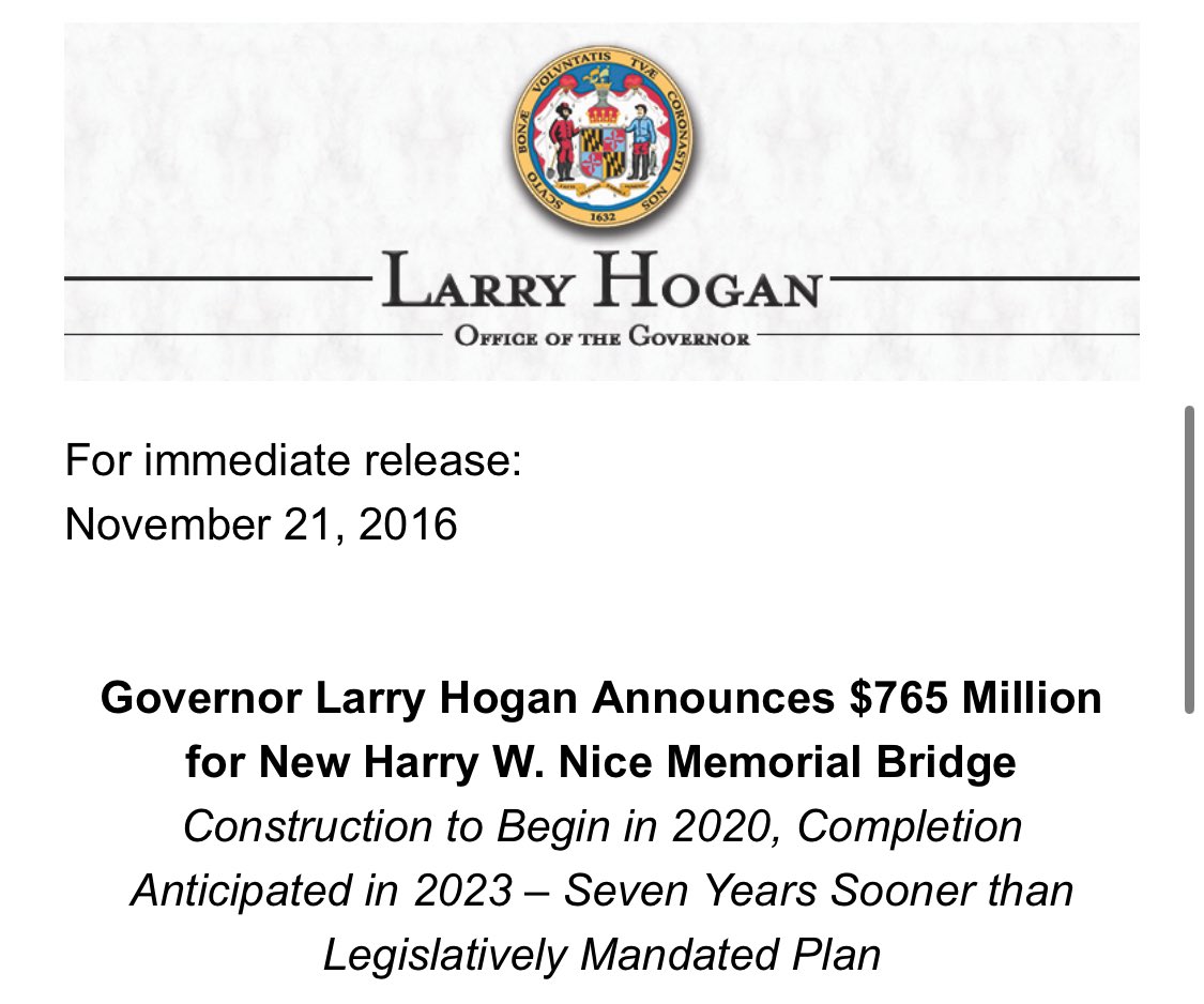 @GovLarryHogan Larry, the bridge you’re bragging about took 6 years to build even though the project was anticipated for years And now you’re saying 4 years to complete an emergency bridge replacement, which is a far more massive project in a much more complex location, is too long?