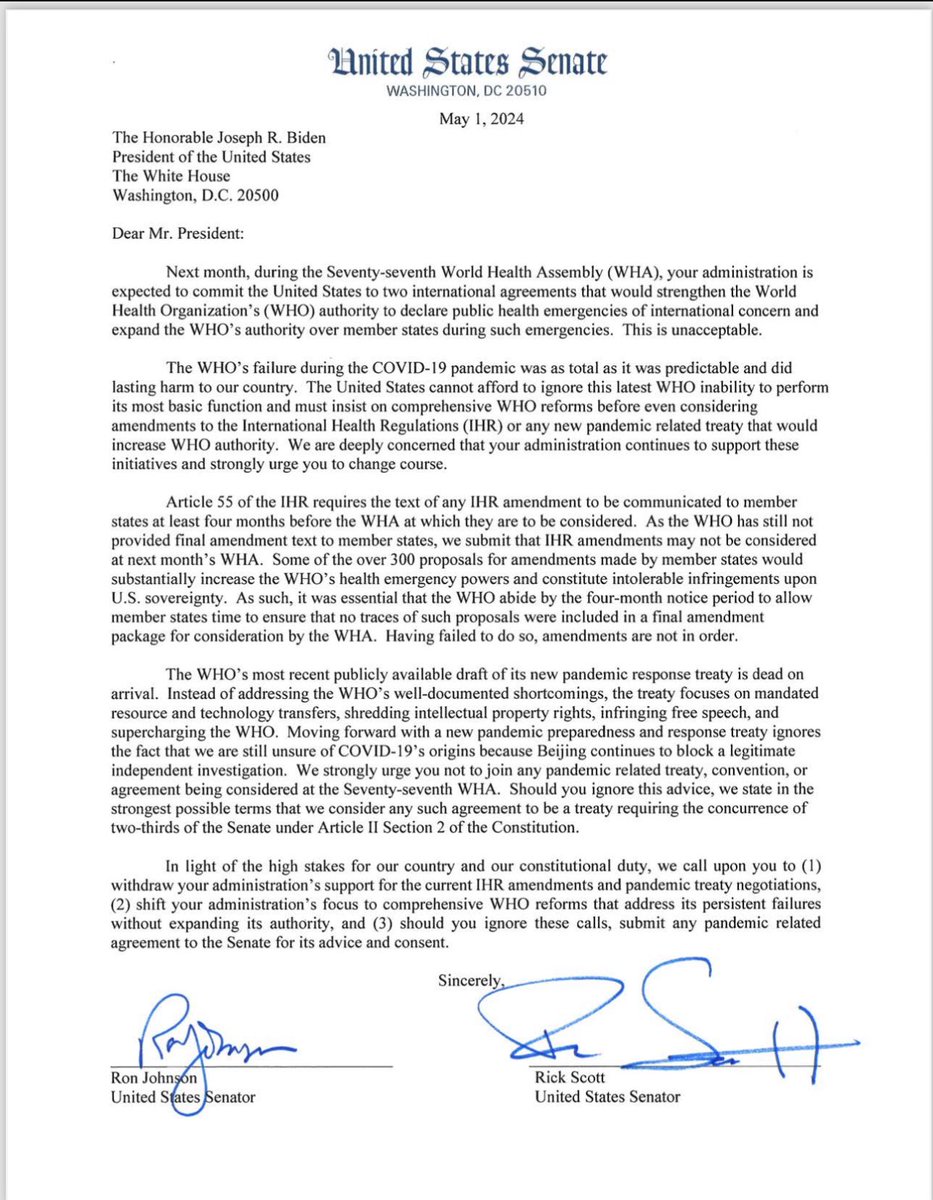 49 Republicans Senators sign a letter to the Biden’s administration to withdraw the support for the WHO treaty and Amendments to IHR #ExitTheWHO
