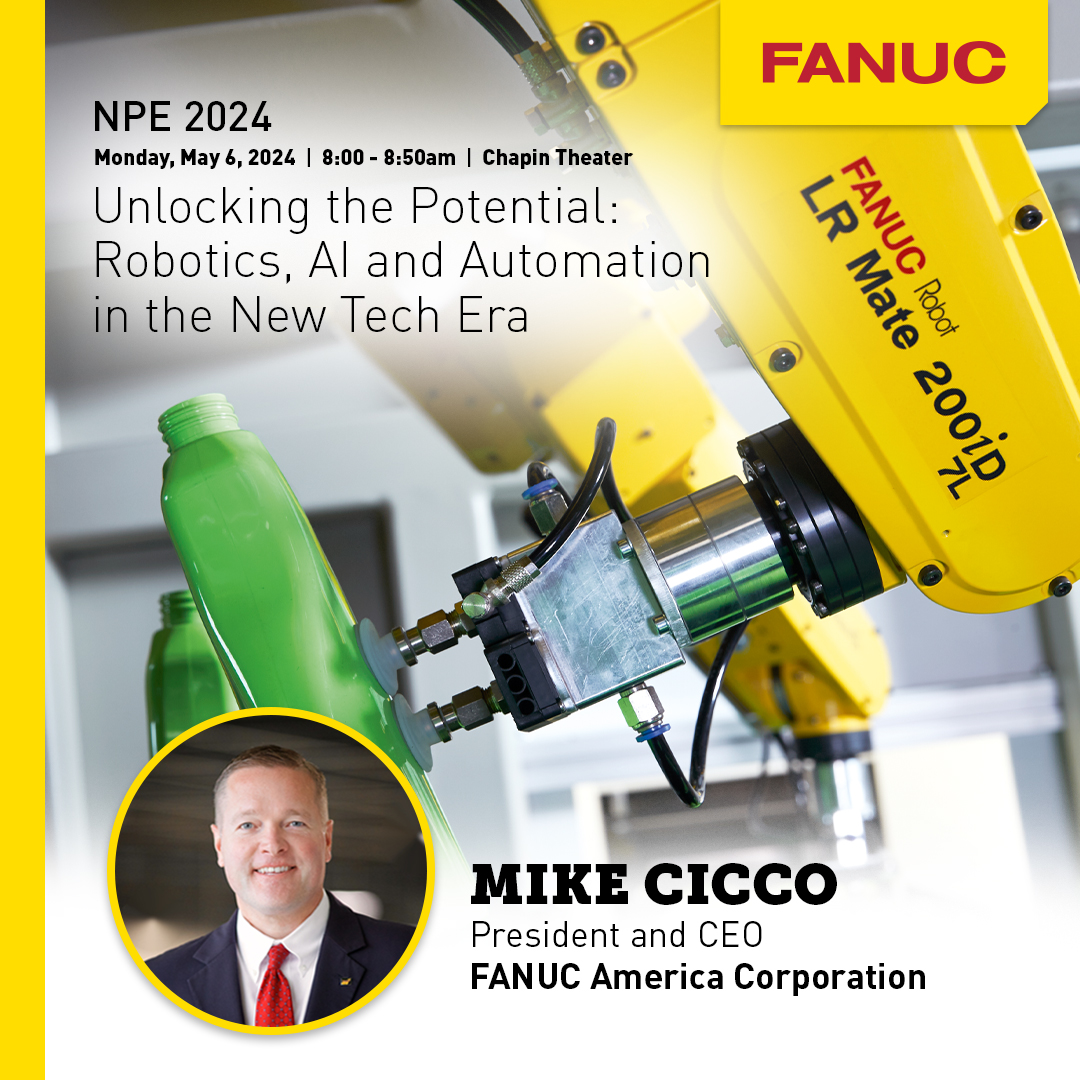 🎙️Don't miss 𝗠𝗶𝗸𝗲 𝗖𝗶𝗰𝗰𝗼 deliver the opening keynote address at #NPE2024! 📌Unlocking the Potential: #Robotics, #AI and #Automation in the New Tech Era 📆Monday, May 6th 🕗8:00am ET And visit #FANUC in 𝗯𝗼𝗼𝘁𝗵 𝗪𝟳𝟳𝟯: bit.ly/44hQJJD @NPEplasticsshow