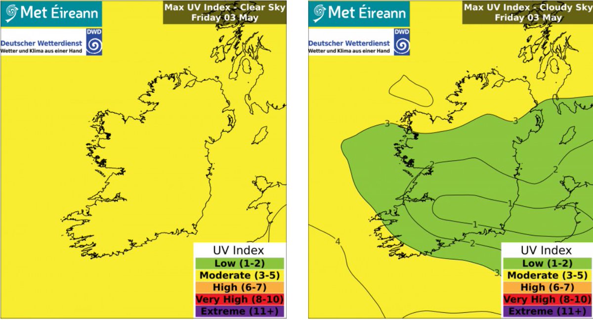 Tomorrow Friday the #UV index will be moderate when clear sky🌞& low when cloudy☁️

For #SunSmart tips & advice check⬇️

ℹ️met.ie/uv-index