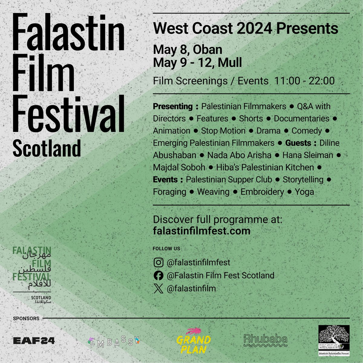 We’re excited to unveil Falastin Film Fest 2024 West Coast programme! Come join us from May 8th to May 12th in Oban and Mull for a lineup of screenings and events. Visit falastinfilmfest.com to discover our full programme, and secure your ticket today.