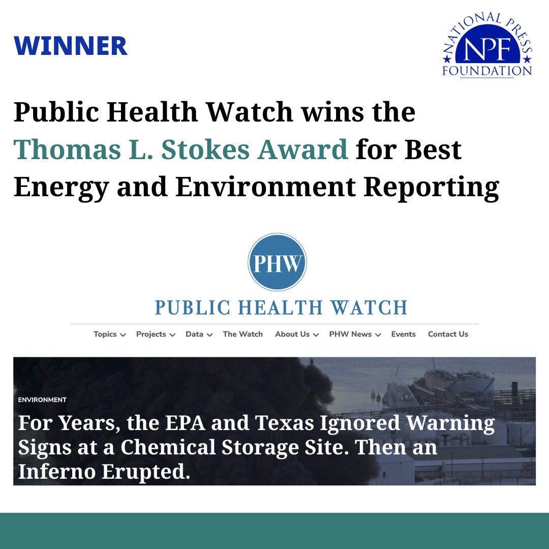 Congratulations to @pubhealthwatch for winning the Stokes Award for Energy & Environment Reporting for their series “Toxic Texas Air.” nationalpress.org/award-story/pu…