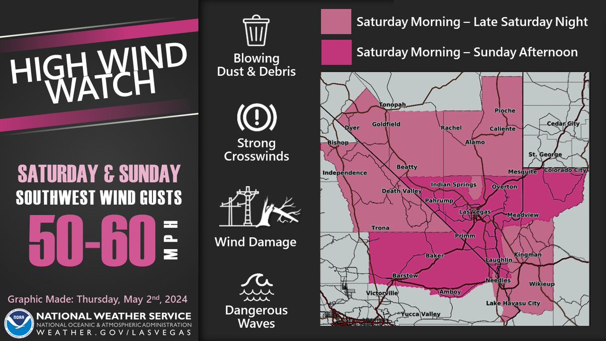 High Wind Watch This Weekend⚠️ 🗺️ Southern Nevada, northwestern Arizona, & southeastern California ⏰ Saturday AM - Saturday PM for most areas... Saturday AM - Sunday PM along Interstate 15 corridor 🌬️ Strong gusty southwest winds with gusts 50-60 mph #VegasWx #CaWx #NvWx #AzWx