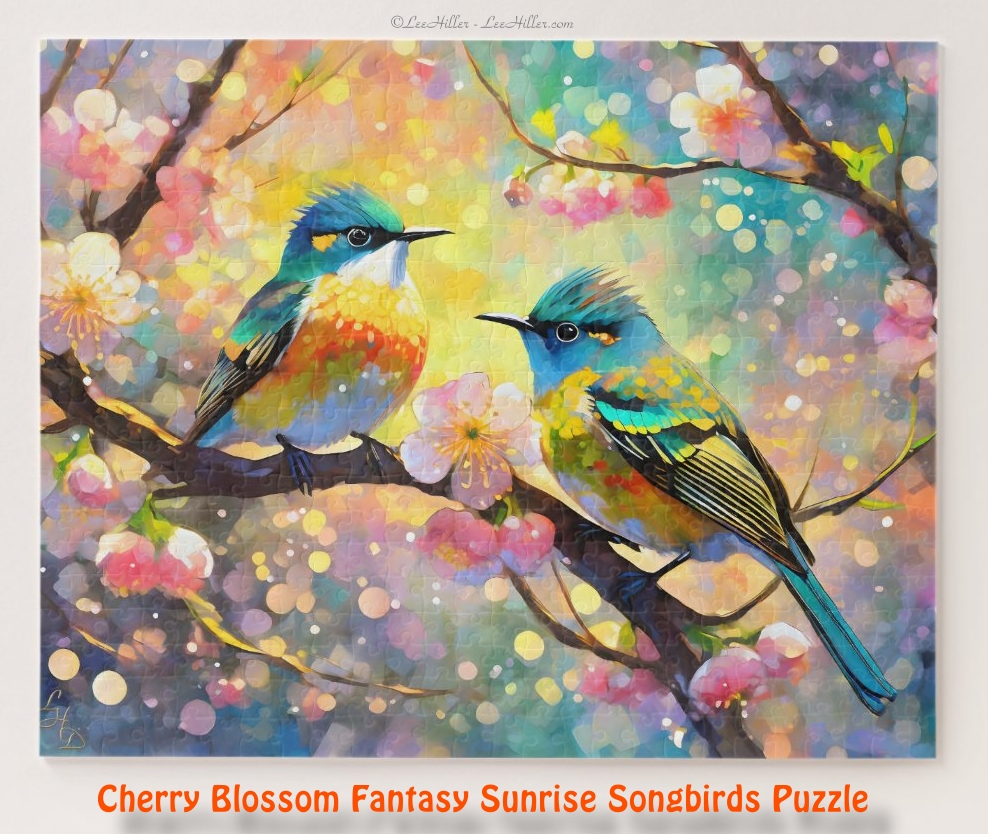 🌸🌿🦜🎑 🌸🌿🦜🎑 🌸🌿 Cherry Blossom Fantasy Sunrise Songbirds Puzzle #art #fantasyart #fantasy #sunrise #cherryblossoms #songbirds #puzzles #games #familyfun #gifts #giftideas zazzle.com/cherry_blossom…