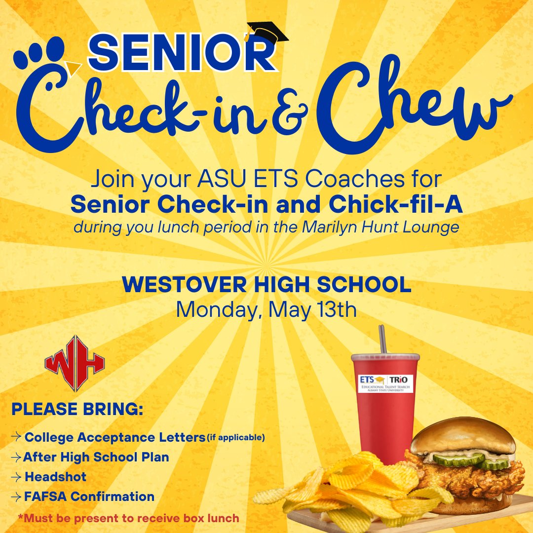 Westover Seniors, mark your calendars! 🗓️ ASU ETS will be visiting you on Monday, May 13th, for a Senior Check-in & Chew. Be sure to stop by the Marilyn Hunt Lounge, during your lunch, for your Check-in & Chick-fil-A! 😋 #asuets #albanystateuniversity #educationaltalentsearch