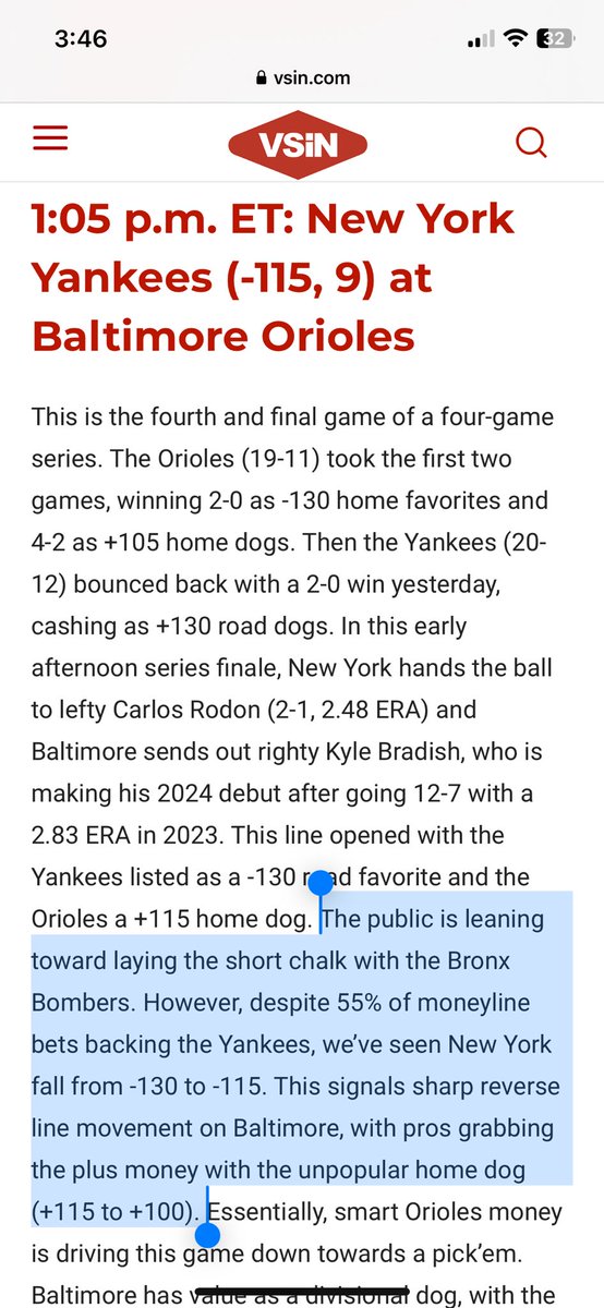#Orioles reverse line movement ✅ Only 45% bets but big steam in their favor with no Yankees buyback, Baltimore closed as the favorite (-115) vsin.com/mlb/top-picks-…