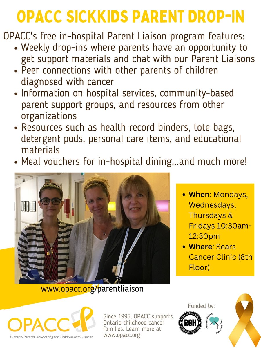 Our Parent Liaisons will be at SickKids (Sears Cancer Clinic) today from 10:30am-12:30pm for our weekly in-person #childhoodcancer parent support services! If you are in-hospital, please stop by to say Hi and get FREE resources and peer support.