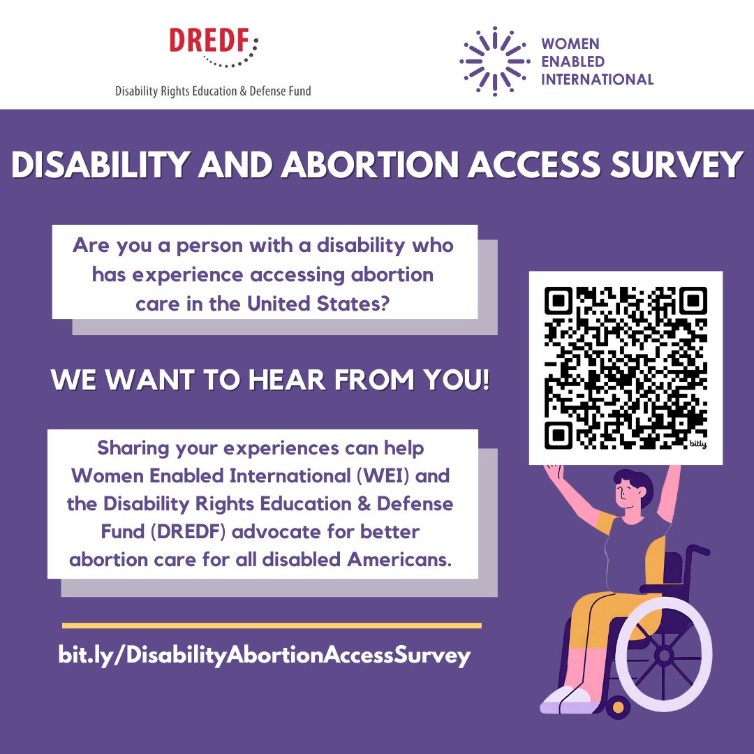 Are you a person with a disability who has accessed abortion care in the US? Share your experience with @Womenenabled and @DREDF in the 'Disability and Abortion Access' survey.💡Your insights can shape guidelines and resources for better access: bit.ly/DisabilityAbor…