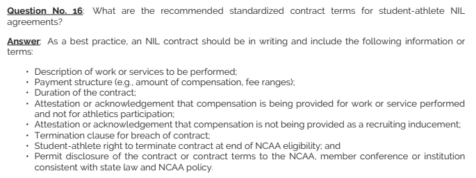 Educational resources sent out to Division I schools today include some insight into how NIL deal disclosure to the NCAA will work as well as what the NCAA recommends be included in standard NIL contracts: