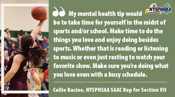 Take Time Thursday messages from the NYSPHSAA SAAC Representatives! Callie Racine of Section VII shares ways to take time for yourself. How do YOU take time for yourself? #NYSPHSAA #ItsOkayNotToBeOkay