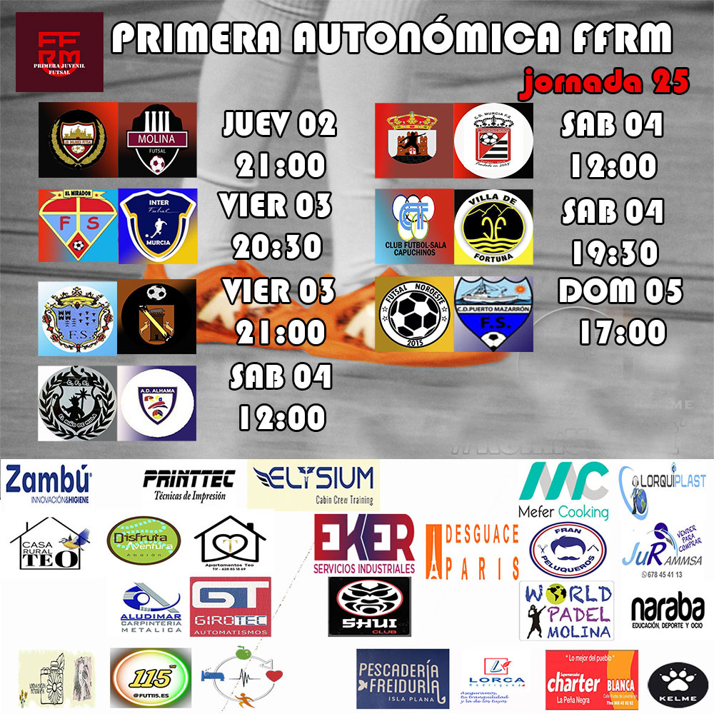 #lacasadelfutsalmurciano
partidos fin de semana
jornada 25
primera autonómica juvenil ffrm futsal 
#futsalmur #l3futsal #SomosFutsal #somosffrm #fotografiadeportiva #disfrutalaliga