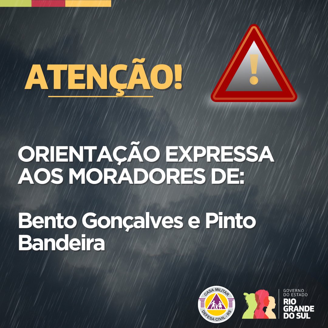 A Defesa Civil do Estado alerta a população das cidades de Bento Gonçalves e Pinto Bandeira para o risco de rompimento da Represa de São Miguel, na cidade de Bento Gonçalves. Mais informações em: defesacivil.rs.gov.br/orientacao-exp…