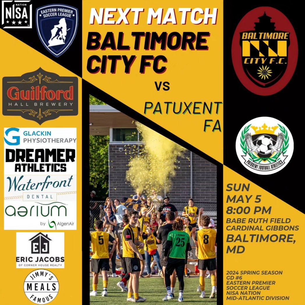 It's time for some Charm City home games, 4th division soccer comes back to Baltimore this weekend!! Game may 6 in the @EPSLsoccer @EPSLsoccer pitches us against cross-state rivals @patuxentfa_