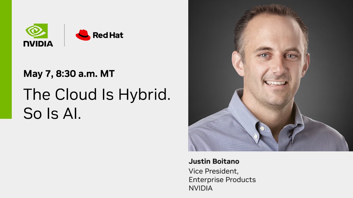 Join us at #RHSummit for the keynote with NVIDIA's Justin Boitano, VP of Enterprise Products, alongside Red Hat VP Stefanie Chiras, to discover how the @nvidia and @RedHat partnership is reshaping the landscape of #AI in the enterprise. #IT Register now: nvda.ws/44rMmM7