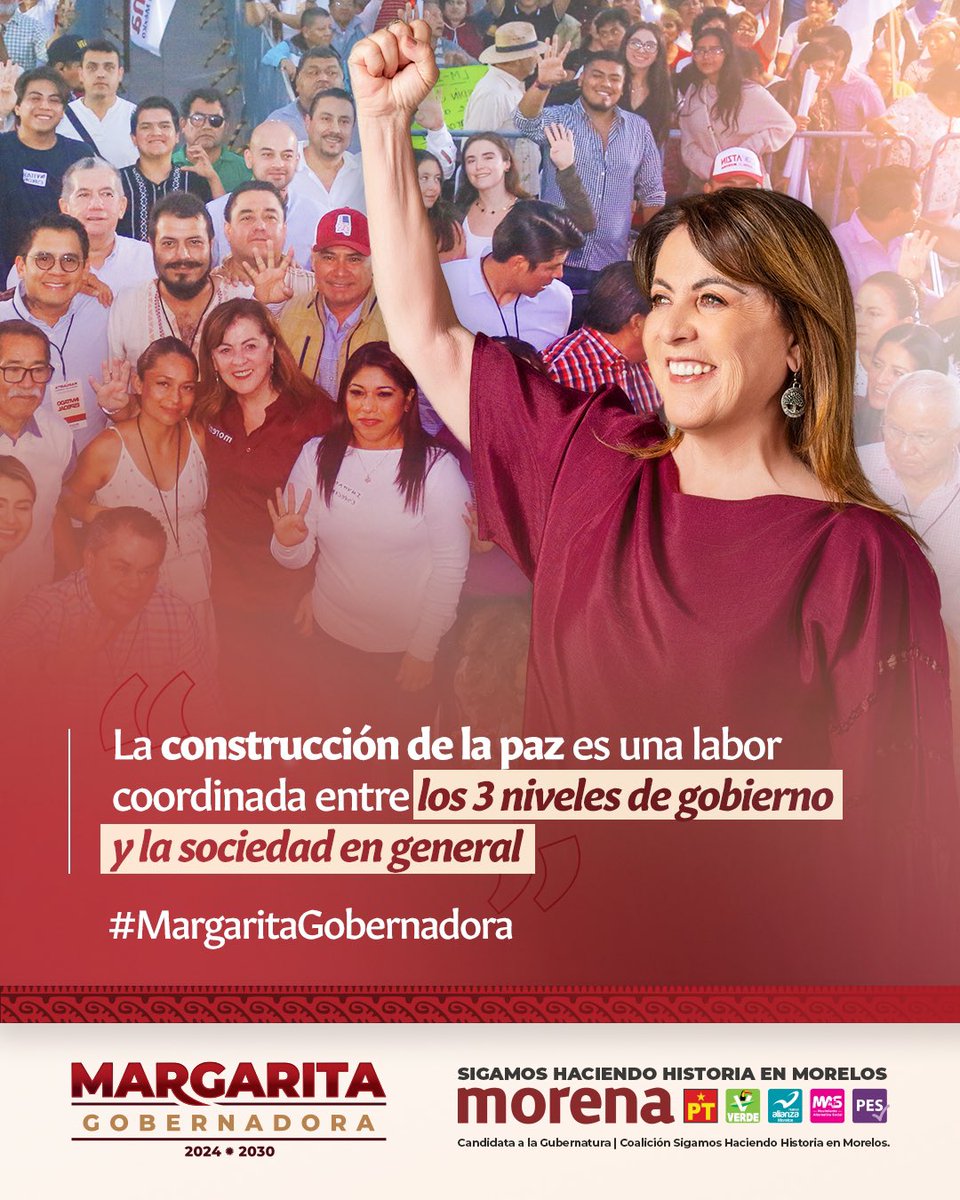 La construcción de la paz y la reintegración del tejido social la llevaremos a cabo de manera coordinada y honesta por el bien de todos los morelenses, pero sobre todo de los que menos tienen. ¡Con honestidad, todo! #MargaritaGobernadora