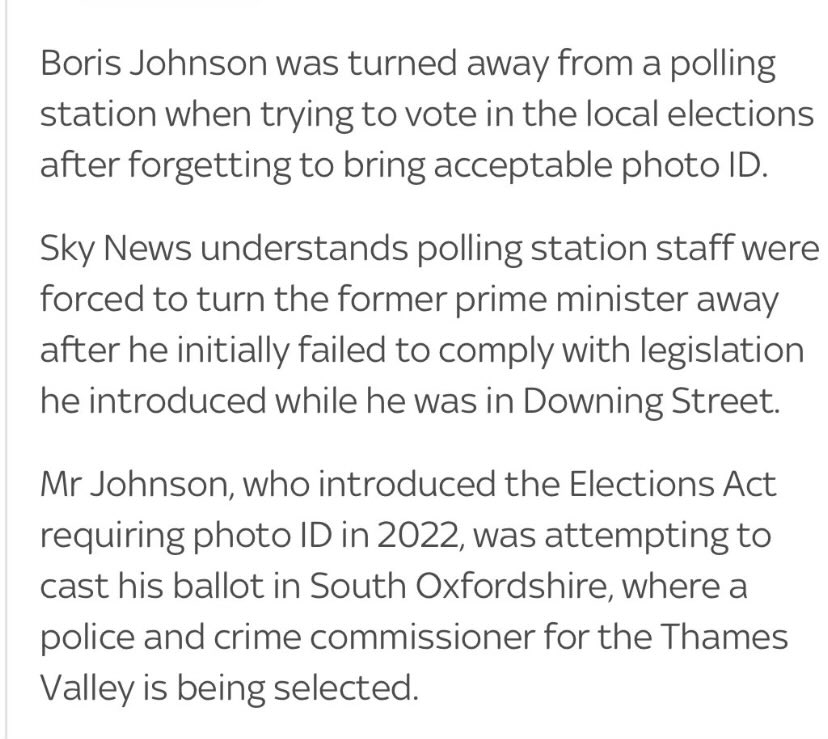 I mean, how completely unexpected that Boris Johnson would assume the ridiculous, populist, bullshit, dogwhistle law that he introduced didn’t actually apply to him.