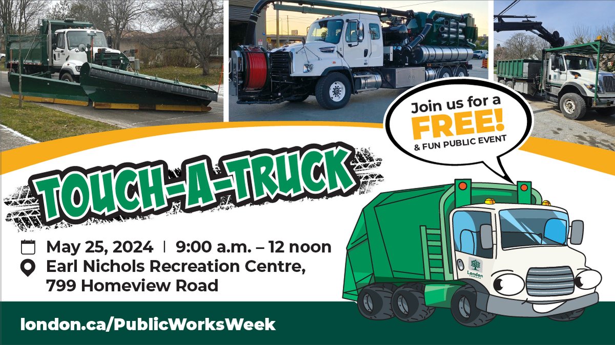 Celebrate National Public Works Week with us, and see firsthand what trucks are used to provide different services to Londoners. More than 20 trucks and several pieces of equipment will be on display at Earl Nichols Recreation Centre on May 25. london.ca/PublicWorksWeek #LdnOnt