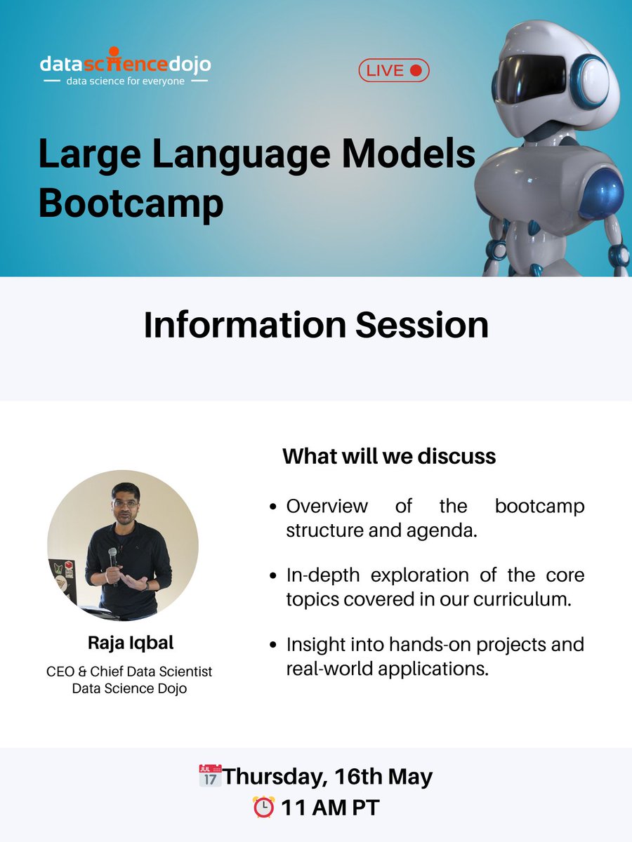 Missed our live information session today with Raja Iqbal? Don't worry! You still have the chance to join us on May 16th.  
🎥Register now for an exclusive sneak peek into our #LLMbootcamp: hubs.la/Q02vnXQt0

#LargeLanguageModel #AI #LLM #artificialintelligence