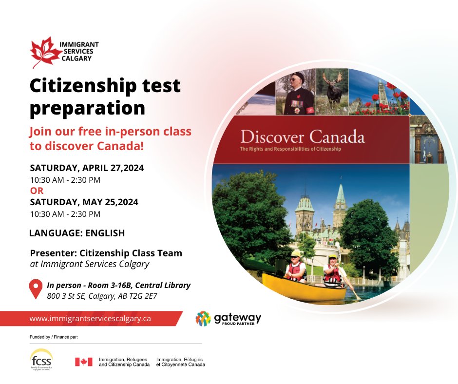 Are you preparing for your Canadian citizenship test? In our free workshop series, our Instructors will guide you through the chapters and subjects in Discover Canada! To register: immigrantservicescalgary.ca/event/workshop…